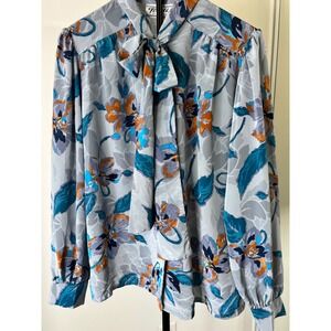 Teddi of California Vintage Floral Pussybow Blouse Grey Orange Teal Size 14
